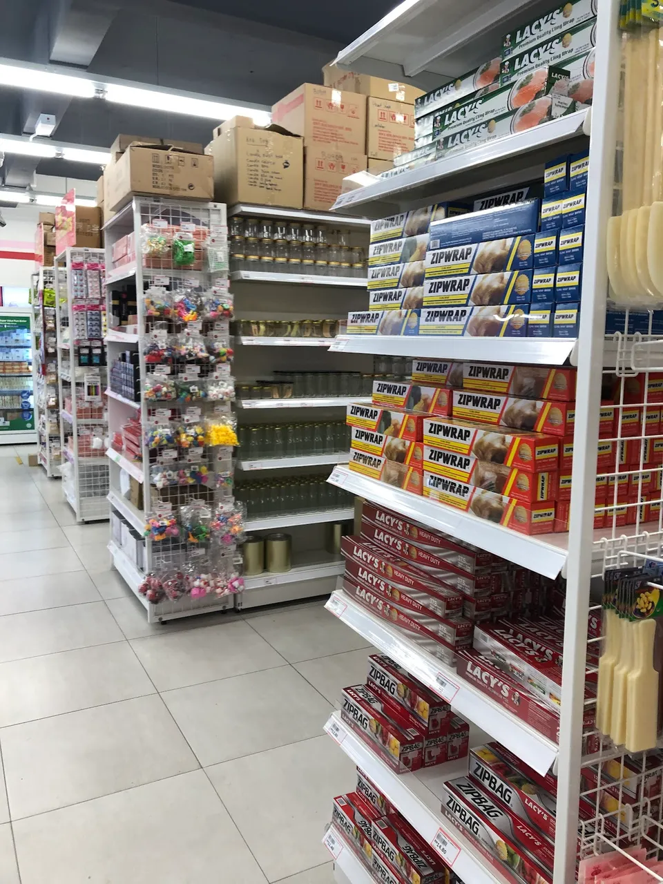 Packaging supplies and wrapping materials aisle